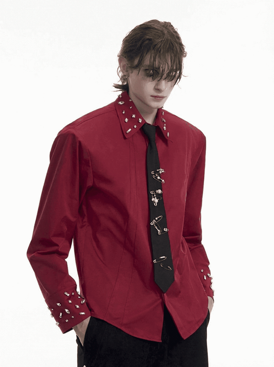 Padded Shoulders Men's Red Shirt Rhinestone Accents with