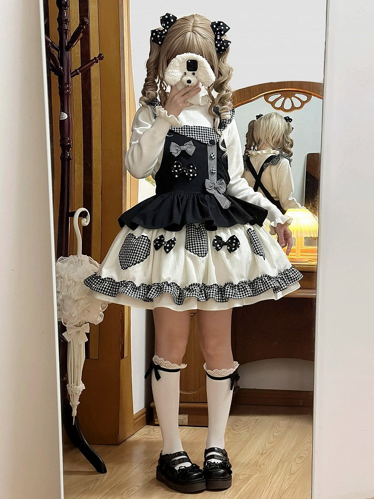 Schwarzes Gingham Lolita-Overallkleid mit süßer Schleife