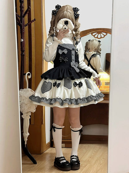 Schwarzes Gingham Lolita-Overallkleid mit süßer Schleife