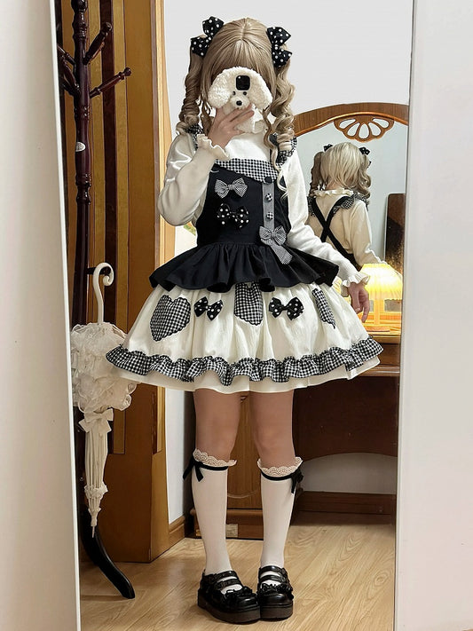 Schwarzes Gingham Lolita-Overallkleid mit süßer Schleife