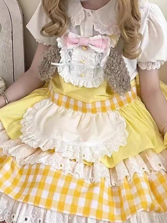 Dress Overall Sweet Apron Gingham Detail Lolita with Ear Puppy Yellow Design and