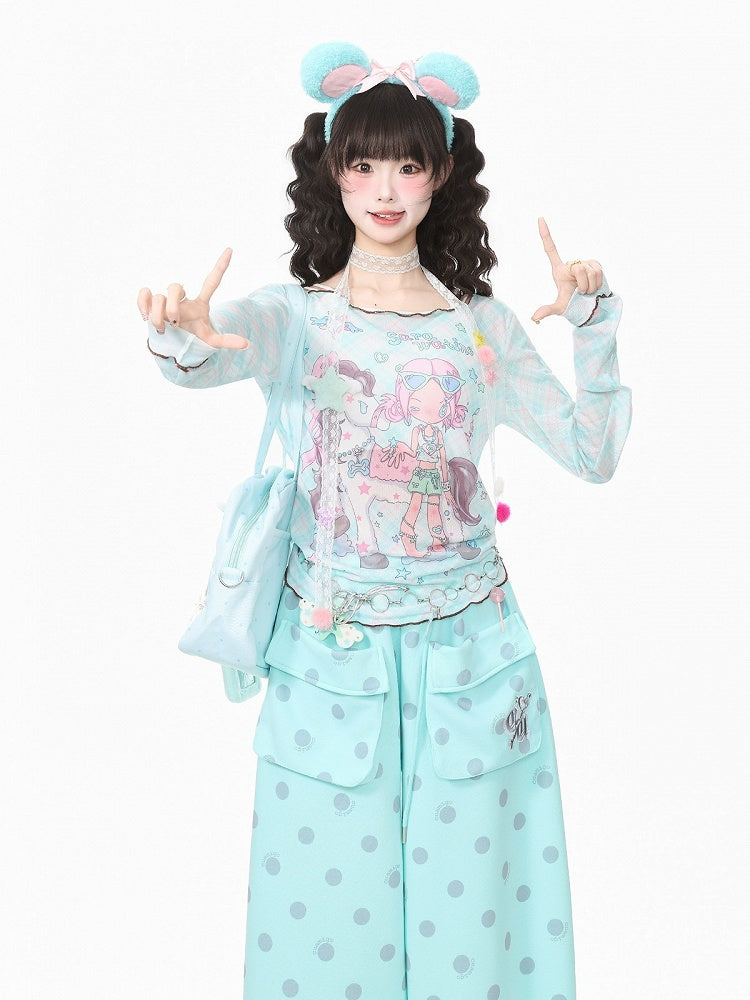 Cyan Breathable Mesh Long Sleeve Sun Protection Tee with Cartoon - Languid Park