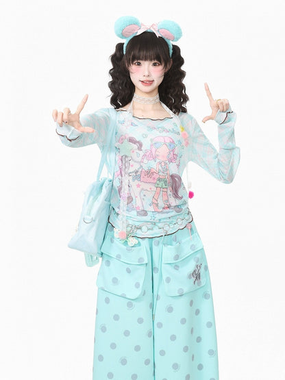 Cyan Breathable Mesh Long Sleeve Sun Protection Tee with Cartoon - Languid Park