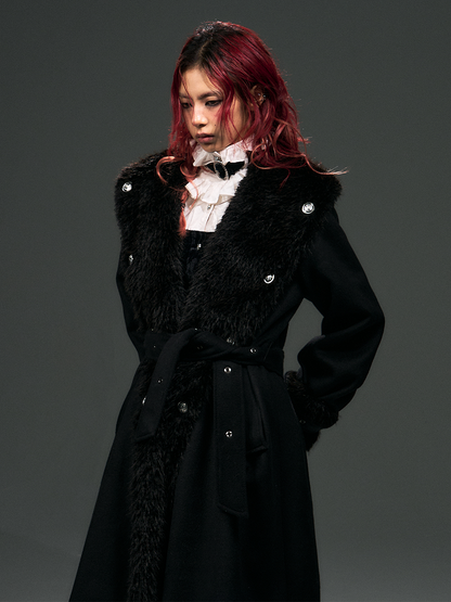 Collar Details Plush Studs Black Coat Punk Tie Wrap Around Long with