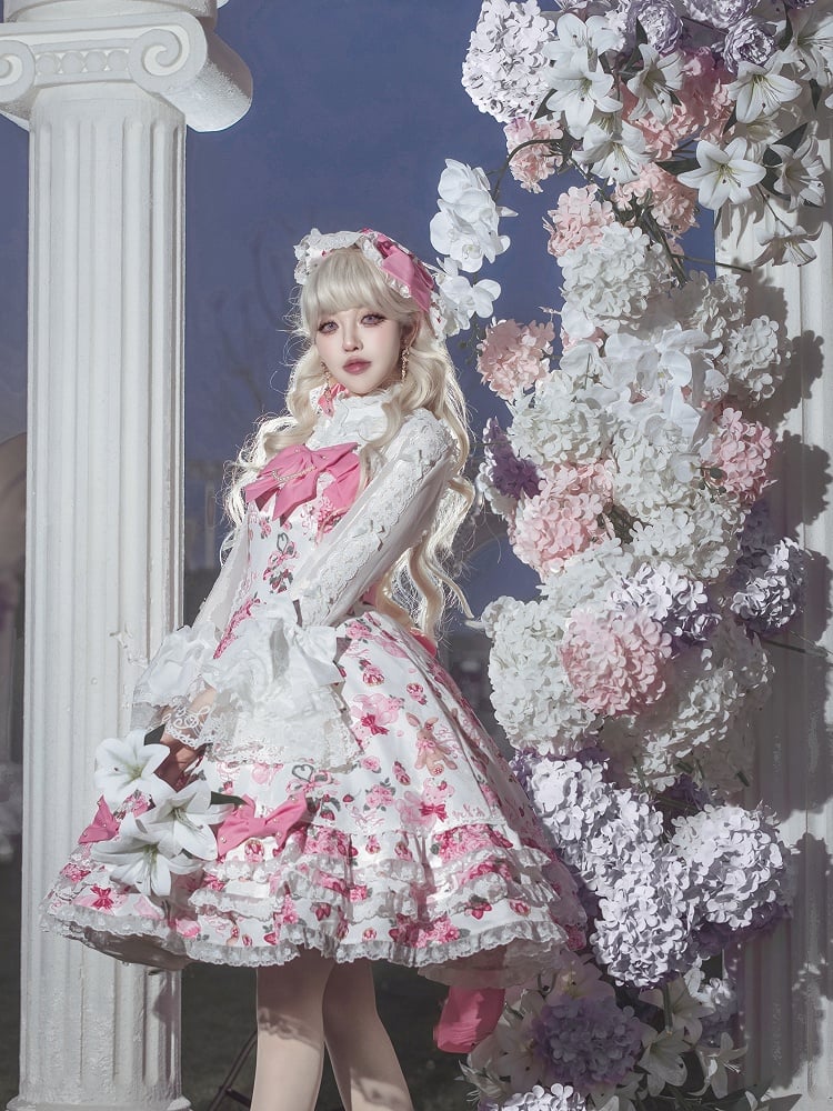 Sweet Teddy White Bear Pink Trim Print Accents Lolita Dress Bow Floral with Lace and