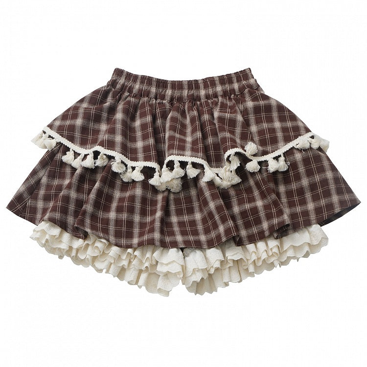 ブラウンのチェック柄ティアードスコート、フリル袖口、フリンジトリム