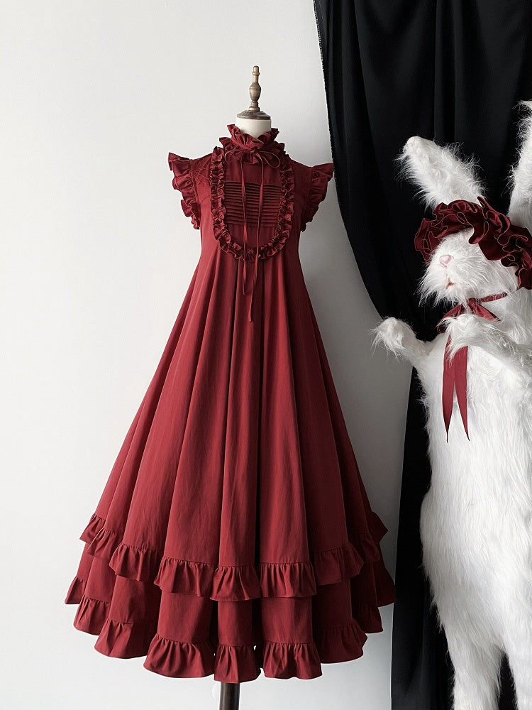 Red Gothic High Neck Ruffled Lolita Dress with Detachable Sleeves - Blossom Herald