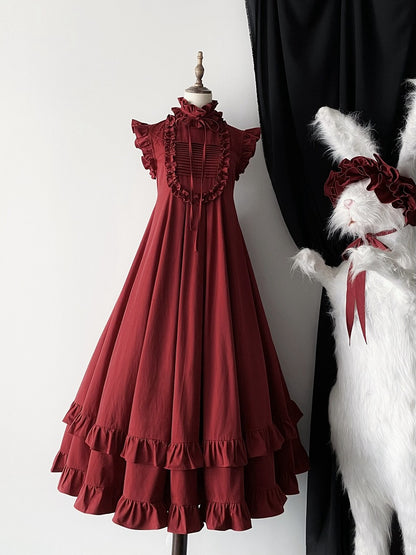 Red Gothic High Neck Ruffled Lolita Dress with Detachable Sleeves - Blossom Herald