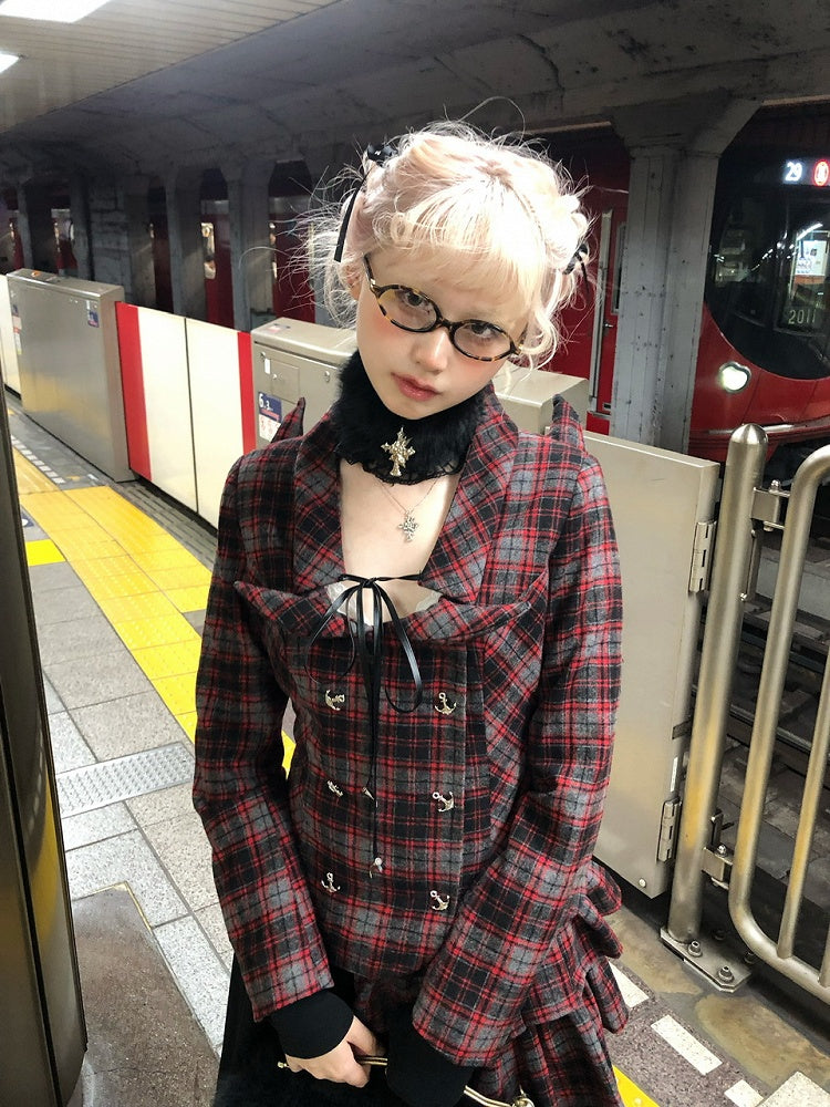 Devil with Wool Lace-up Red and Nautical Horn Coat Plaid Back Accents