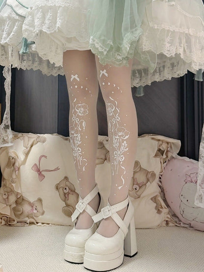 Floral Bow Print White Sheer Tights - Alcatraz Island