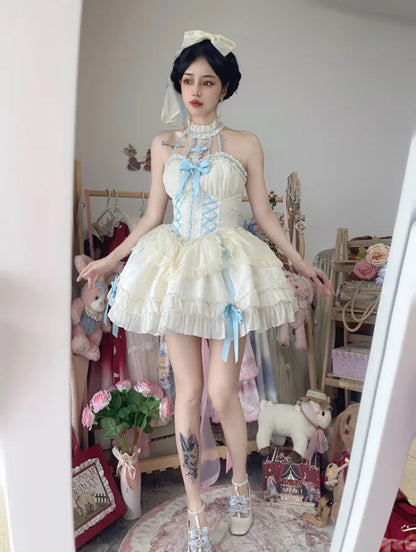 Cross Belle Beige und Blau Neckholder Korsettkleid Balletcore Lolita JSK