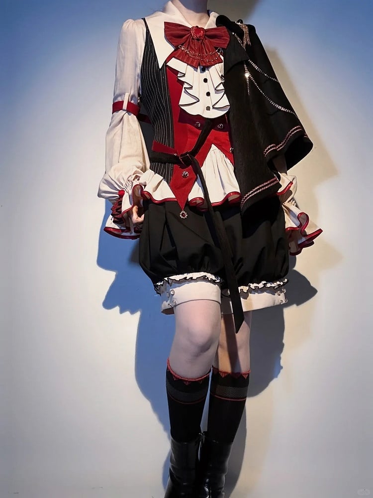 Black and Red Ouji Fashion Preppy Style Full Set-Beige Shirt + Red Waistcoat + High Waist Knickerbockers Shorts + Shawl+ Accessories