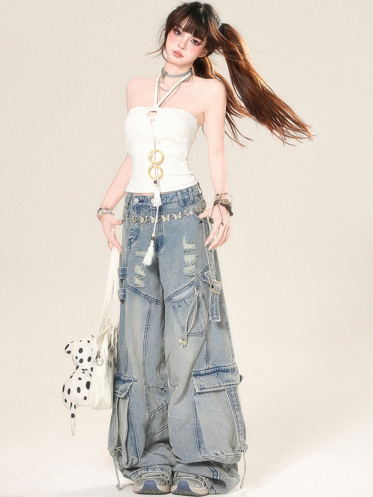 ストラップネックタッセルトップホワイトホルターグラマラス