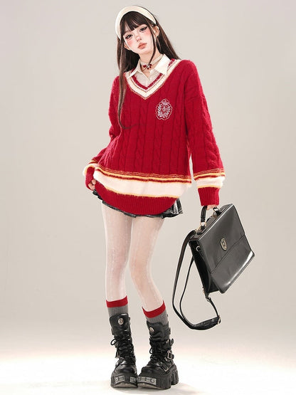 レッドプレッピースタイルVネックルーズセーター
