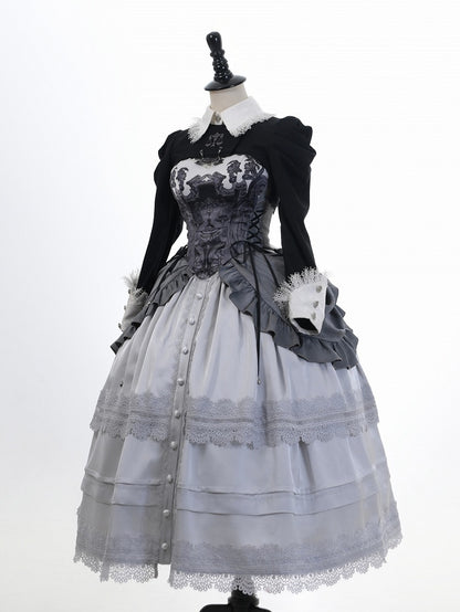 Print Top Gothic Reaper Lolita Grau Entbeint Schuppen Dunkel Grim Korsett und