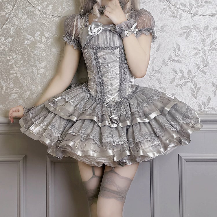 Silberne Ärmel Korsett Kitty Lolita Bunny Puff Grau und kurzes Kleid Print