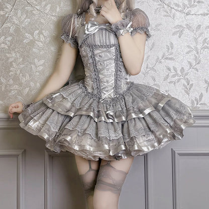 Silberne Ärmel Korsett Kitty Lolita Bunny Puff Grau und kurzes Kleid Print