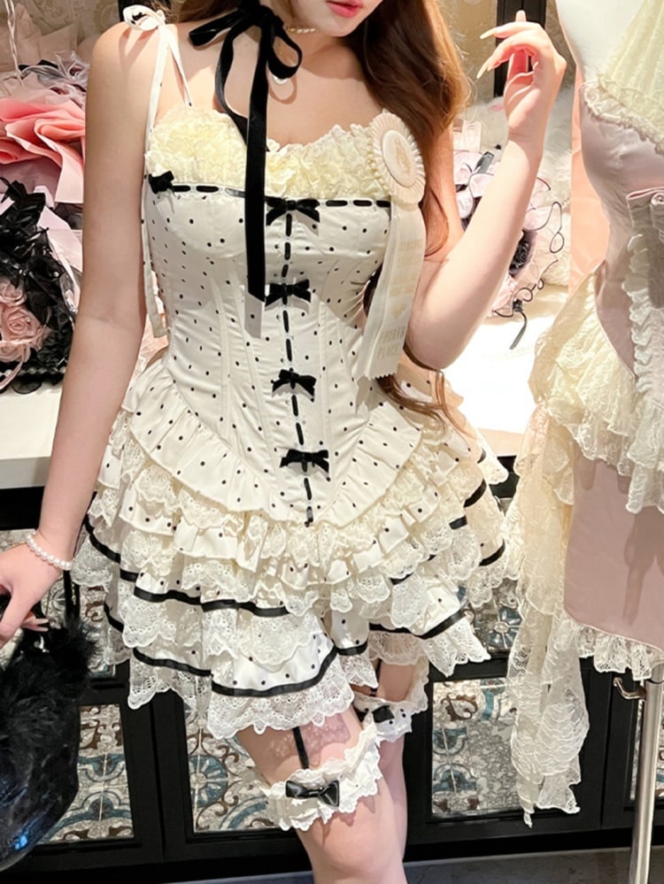 ベージュの水玉模様の蝶結びレーストリムコルセットキャミソールトップ