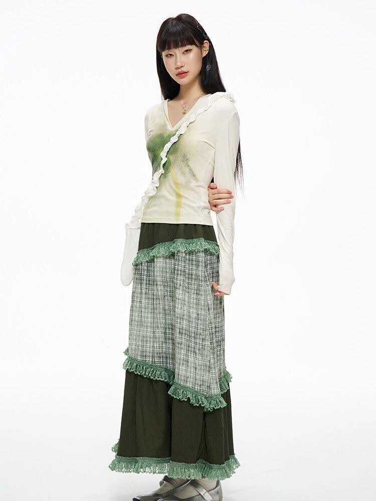 Serenity Patchwork Skirt Trim Lace Green Plaid with Sweety