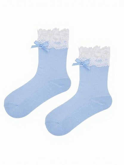 Four-Color Lace Trim Ankle Socks with Bowknot - ModaSwings