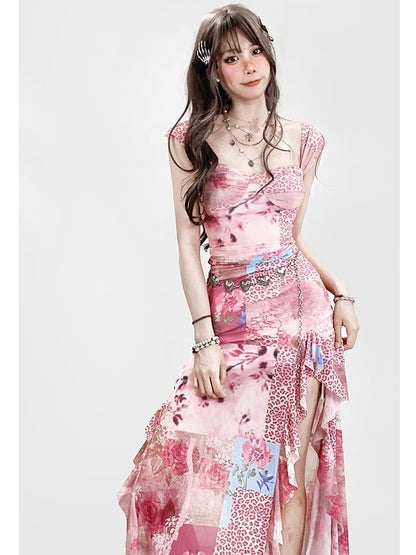 Bittersweet Floral Leopard Print Dress Thigh-high Pink Slit Glamorous