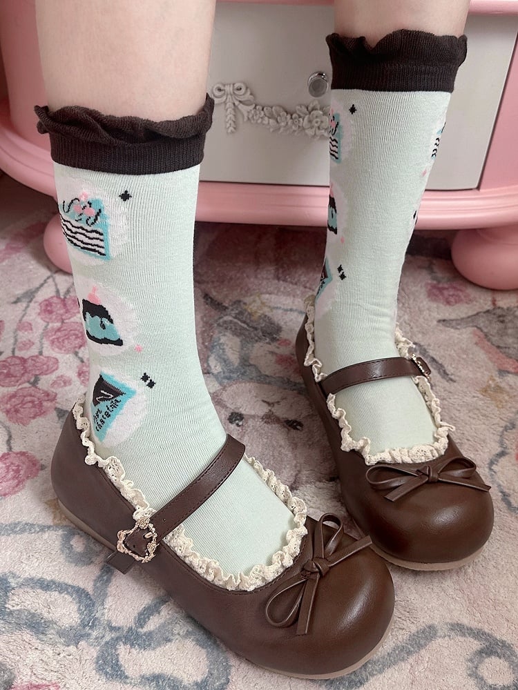 Sweet Cake Chocolate Lolita Cotton Mint Green Socks Pattern