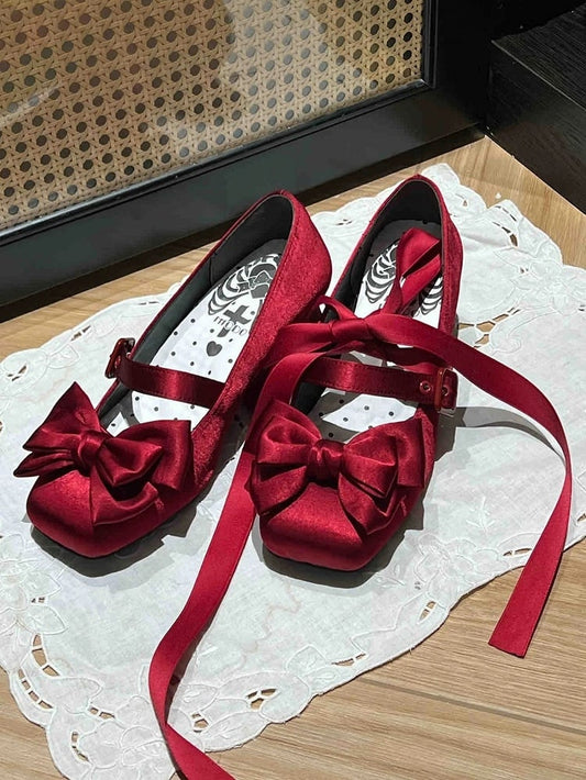 Schleife, rote Zehenpartie, weinrot, Knöchel, mittlere Absätze, Lolita-Schnürung oben – eleganter Platz