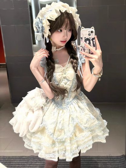 Ruffles Trimmings Lace Layered Jumper Skirt Princess Lolita Blue with Floral-Print and