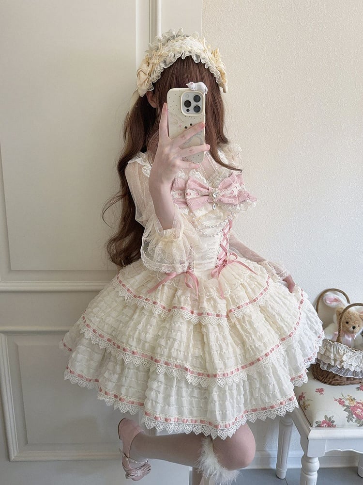 with Accent Chain Lolita Bow Apricot Dress Bead JSK Details Lace-up