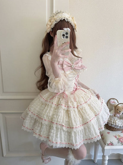 with Accent Chain Lolita Bow Apricot Dress Bead JSK Details Lace-up