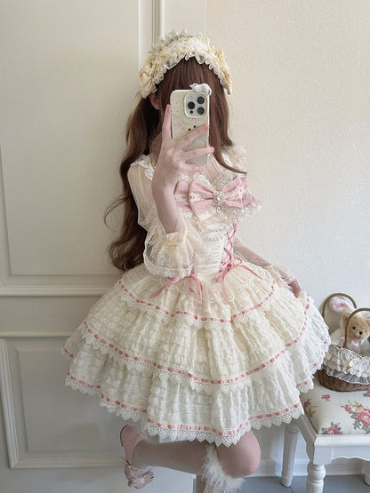 Apricot Lace-up Lolita JSK Dress with Bead Chain Bow - Miss Han