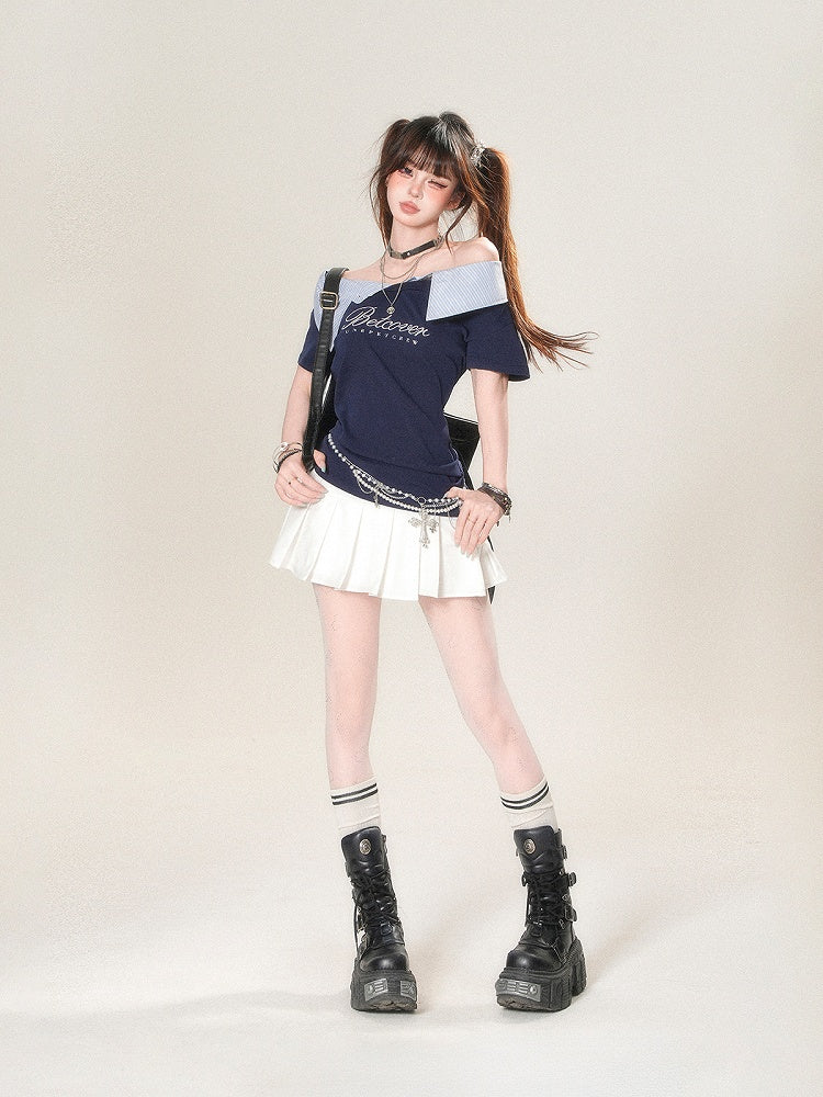 Collar Neckline Navy Foldover Blue Striped Print - T-Shirt with Asymmetrical Glamorous Letter