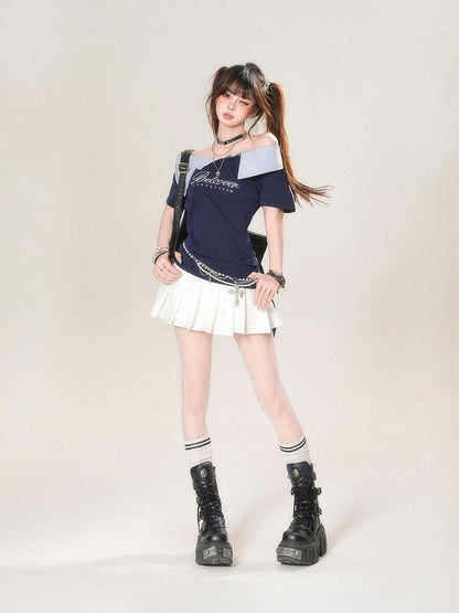 Collar Neckline Navy Foldover Blue Striped Print - T-Shirt with Asymmetrical Glamorous Letter