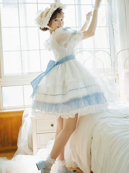 Lolita Bow Dress with Blue Accents and Classic Ruffle White