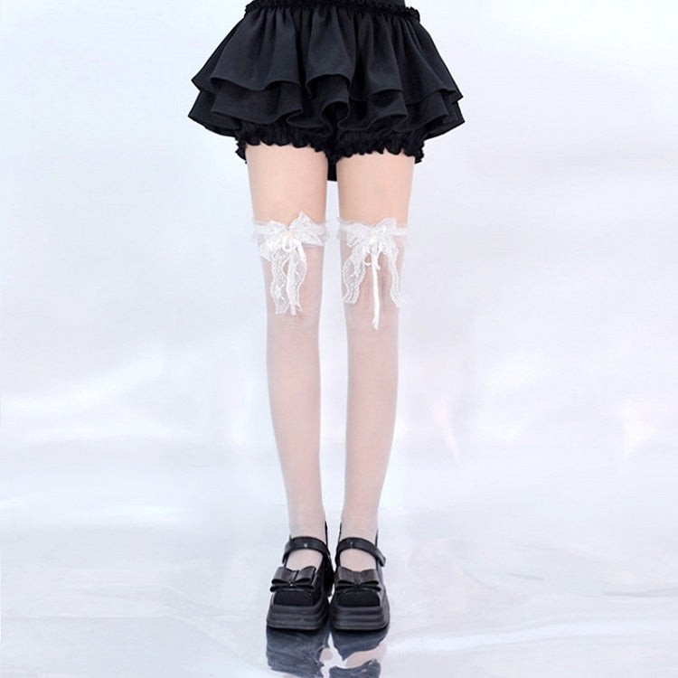 Schwarz/Weiße Overknee-Strümpfe mit Spitzenschleife an den Bündchen