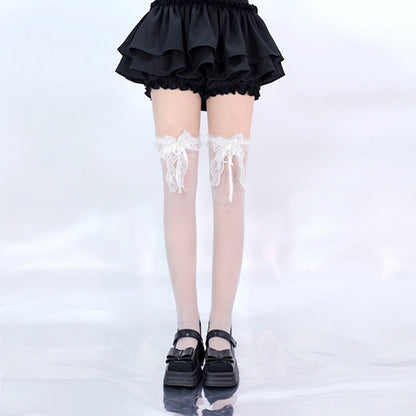 Schwarz/Weiße Overknee-Strümpfe mit Spitzenschleife an den Bündchen