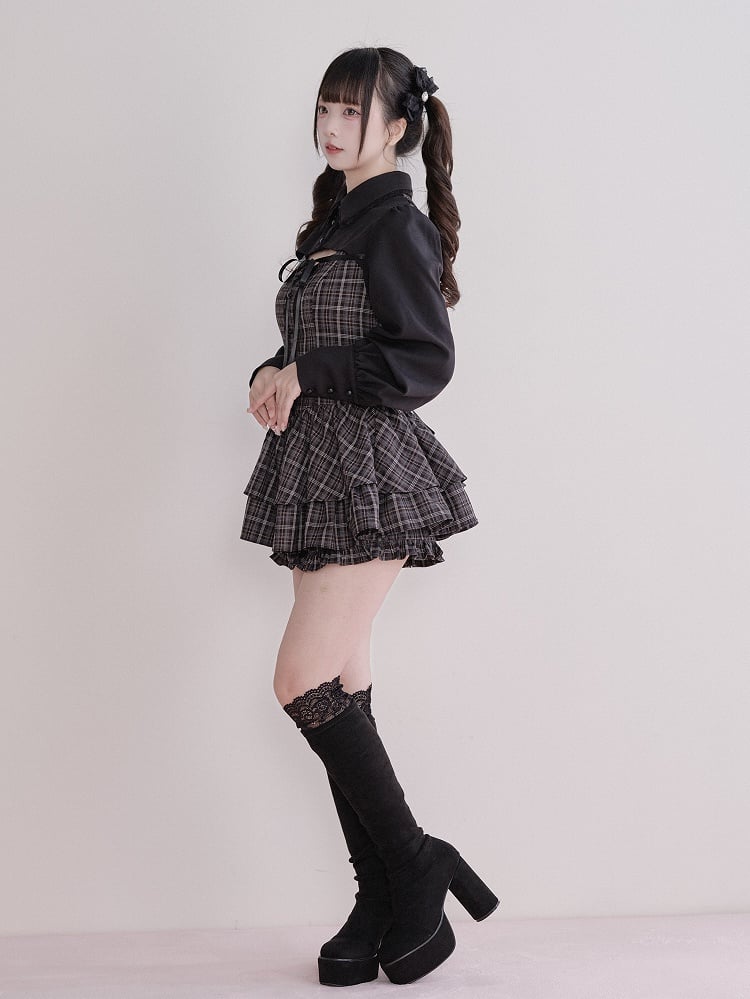 Dress Matching Fake Jirai Gray Long-Sleeve + Kei Two-Piece Set Shorts Plaid