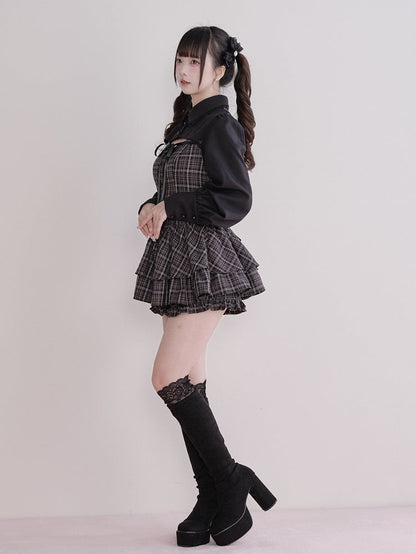 Dress Matching Fake Jirai Gray Long-Sleeve + Kei Two-Piece Set Shorts Plaid