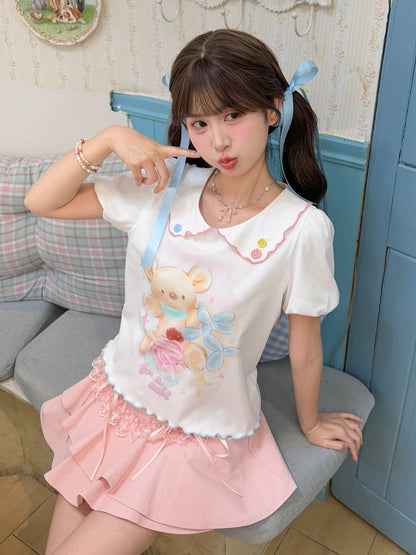 漫画のクマのプリント裾ホワイトピーターパンカラーパフスリーブコントラストレタスTシャツ