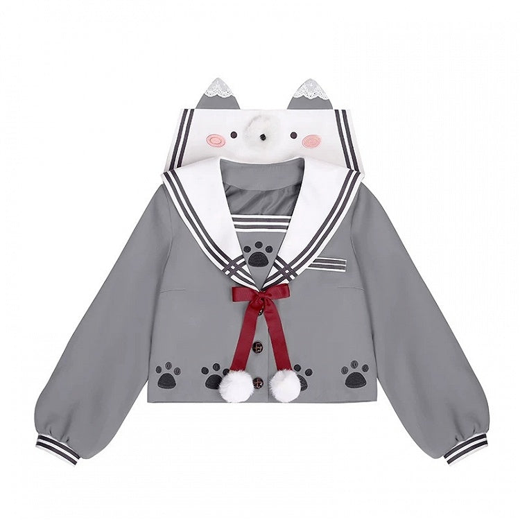 Wolf Motif Gray Sailor-Collar Long Sleeve Tee with Bows and Pom-Poms - To Alice