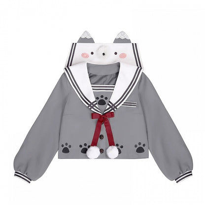 Wolf Motif Gray Sailor-Collar Long Sleeve Tee with Bows and Pom-Poms - To Alice