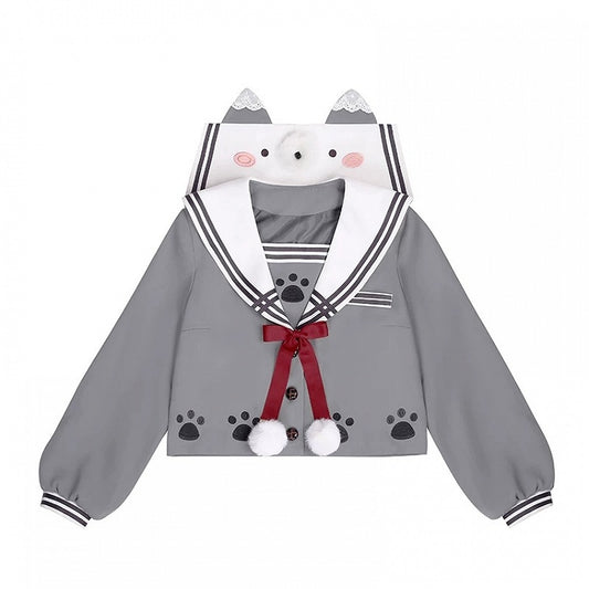 Wolf Motif Gray Sailor-Collar Long Sleeve Tee with Bows and Pom-Poms - To Alice