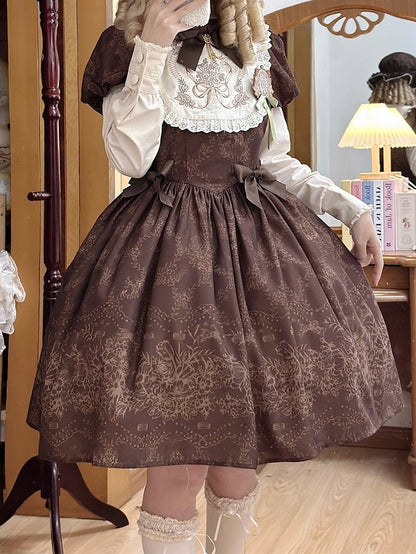 Piece Version Lolita Floral Bodice One Embroidery Classic and Brown Short Bowknot