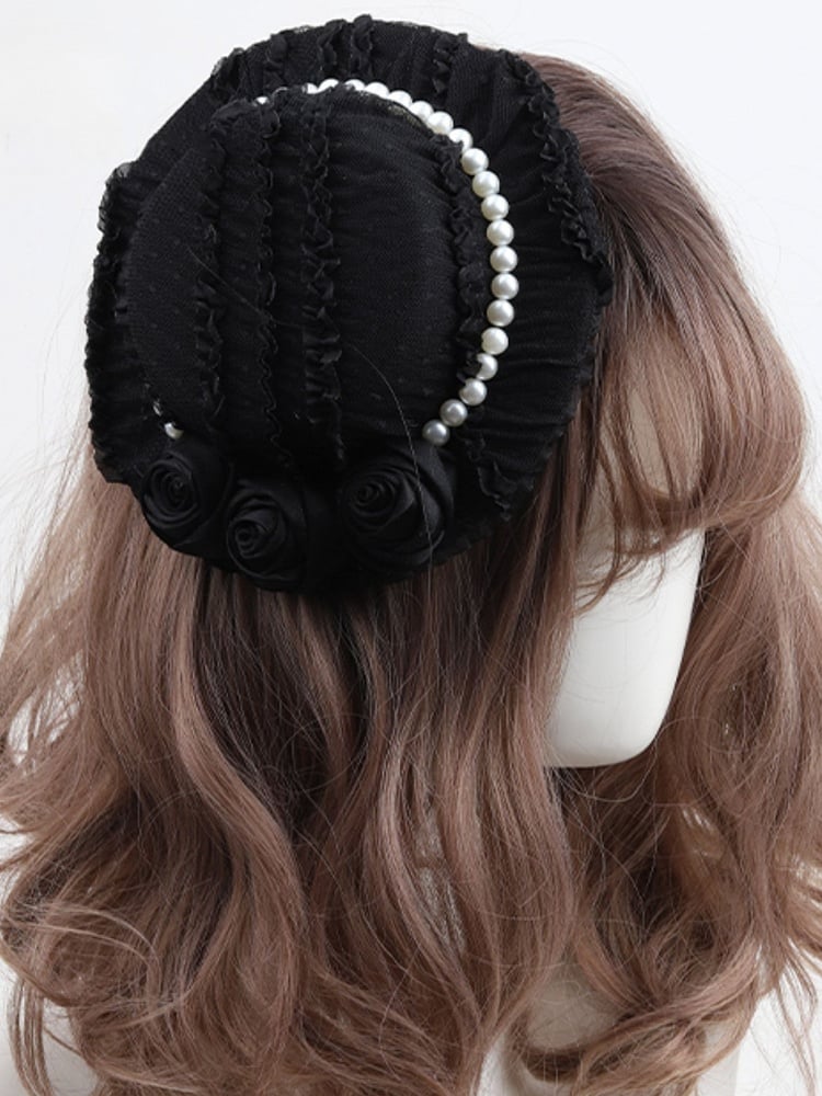 With Hat Mini Pearl Rose Lolita Black Clips