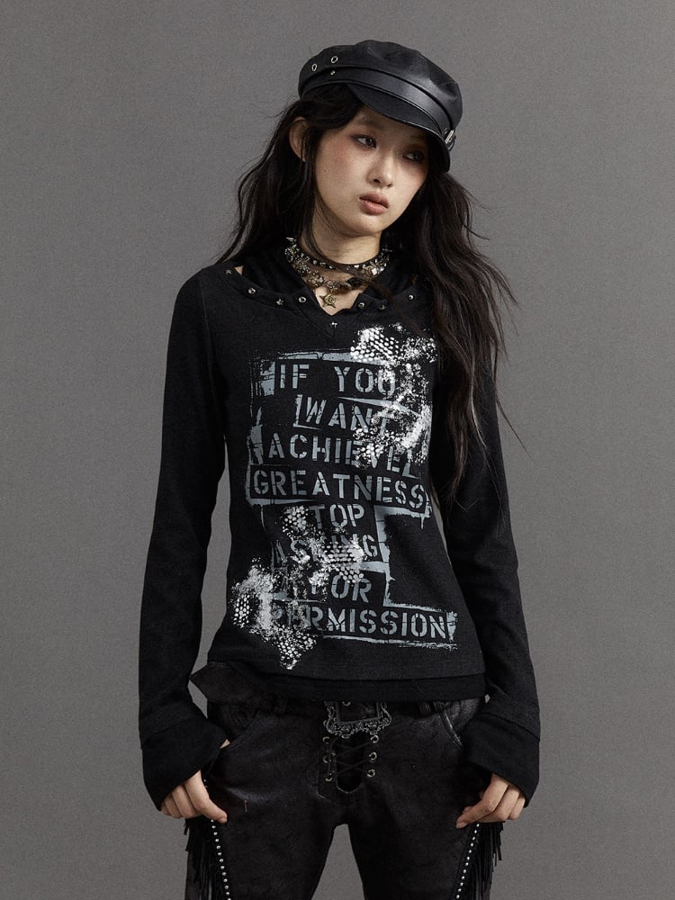 Schwarzes Fake-Zweiteiler-Top mit V-Ausschnitt und Buchstaben-Print