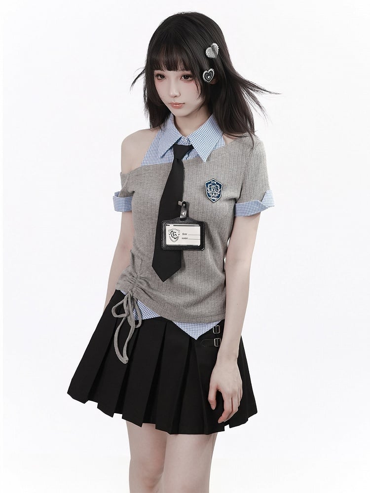 Preppy Gray & Blue Asymmetrical Shirt Collar Top with Tie - PINK SAVIOR