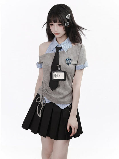 Preppy Gray & Blue Asymmetrical Shirt Collar Top with Tie - PINK SAVIOR