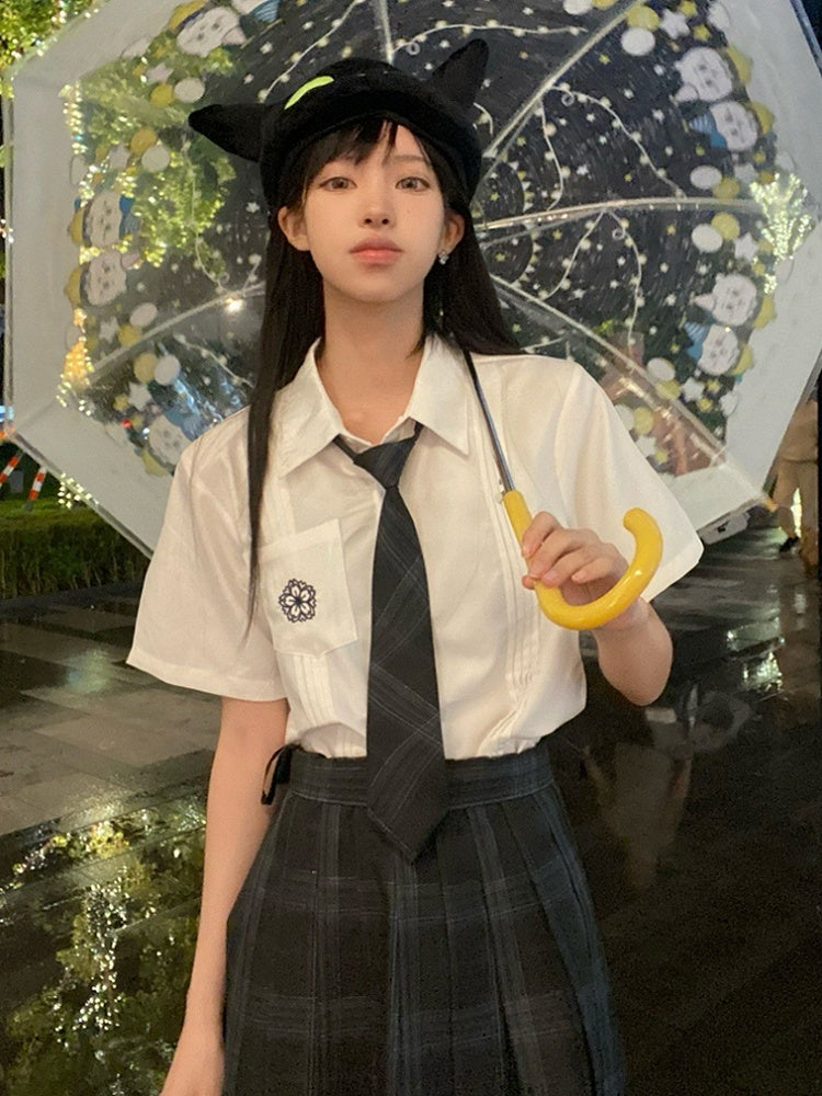 White Style Floral Uniform Shirt Short JK Pleating Details Embroidery Sleeves Preppy