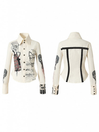 Straps Punk Beige Hand-Drawn with Motifs Back Shirt Vintage Studded