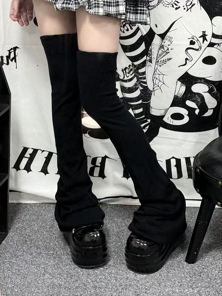 Kei Jirai Ruffle with Loose Ribbed Trim Design Warmers Leg Black Thigh-Length Thick Version